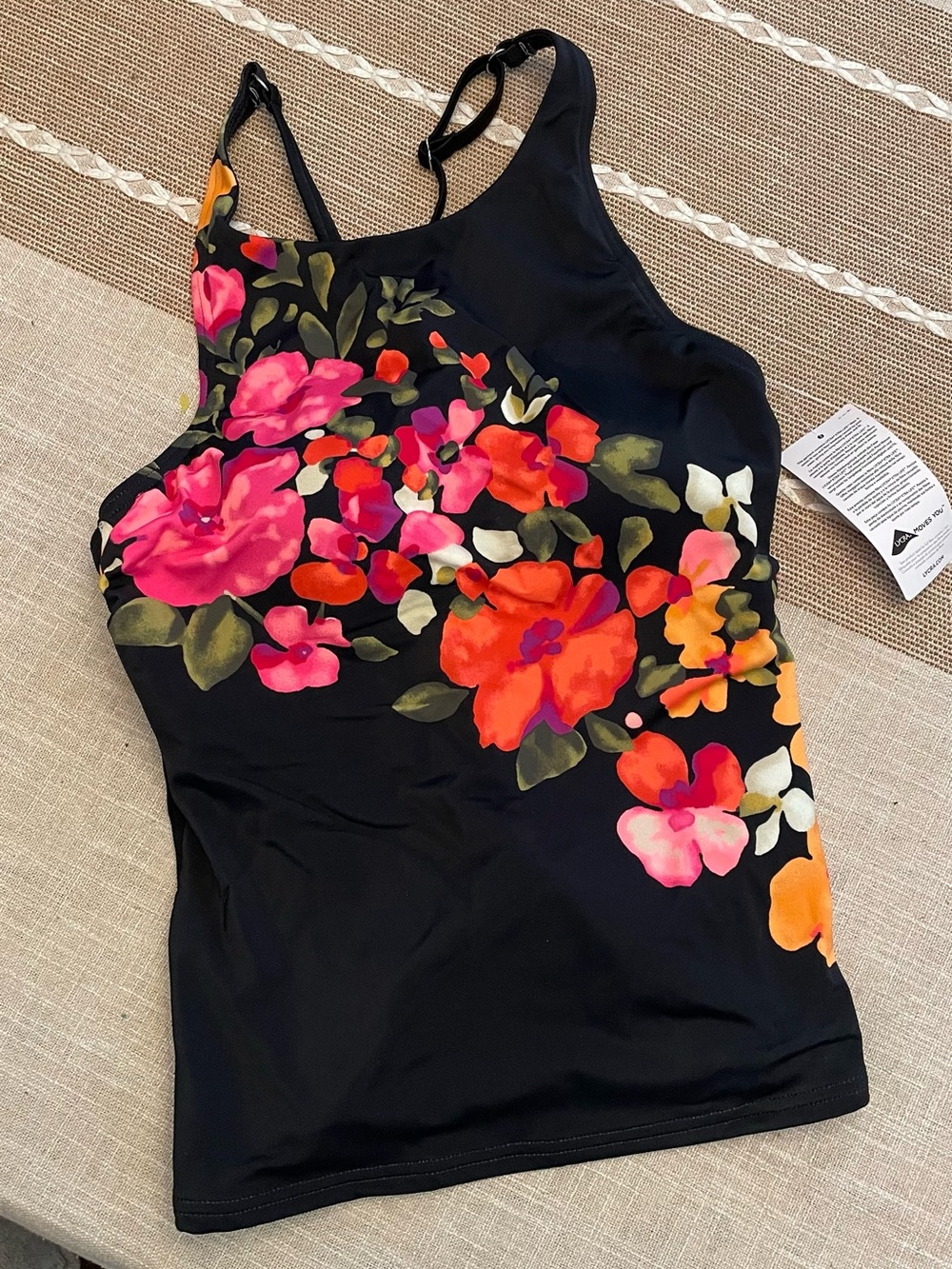 Lands' End Black Swim Camisole with Pink & Orange Floral Print